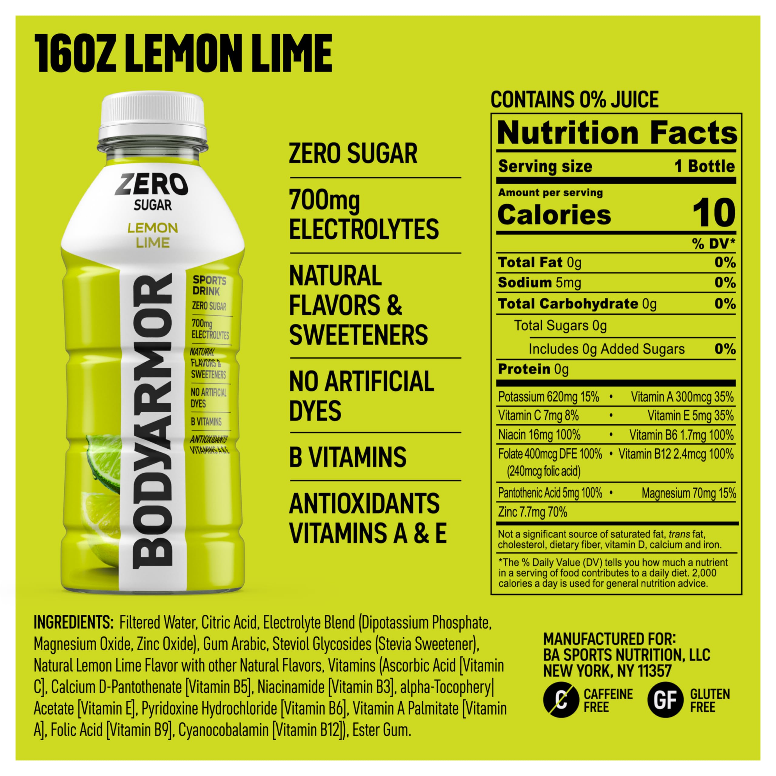 BODYARMOR Zero Lemon Lime bottle closeup highlighting texture and natural flavor clarity