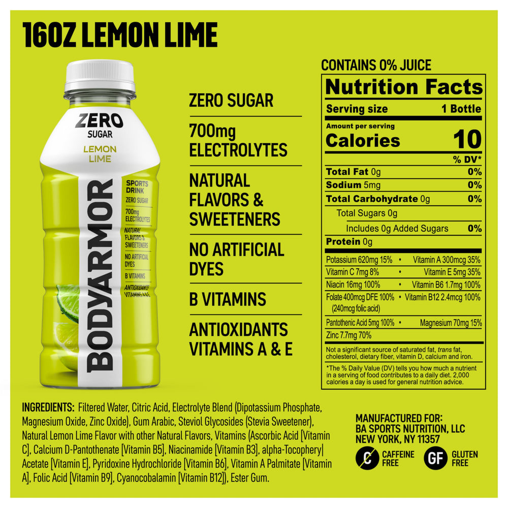 BODYARMOR Zero Lemon Lime bottle closeup highlighting texture and natural flavor clarity