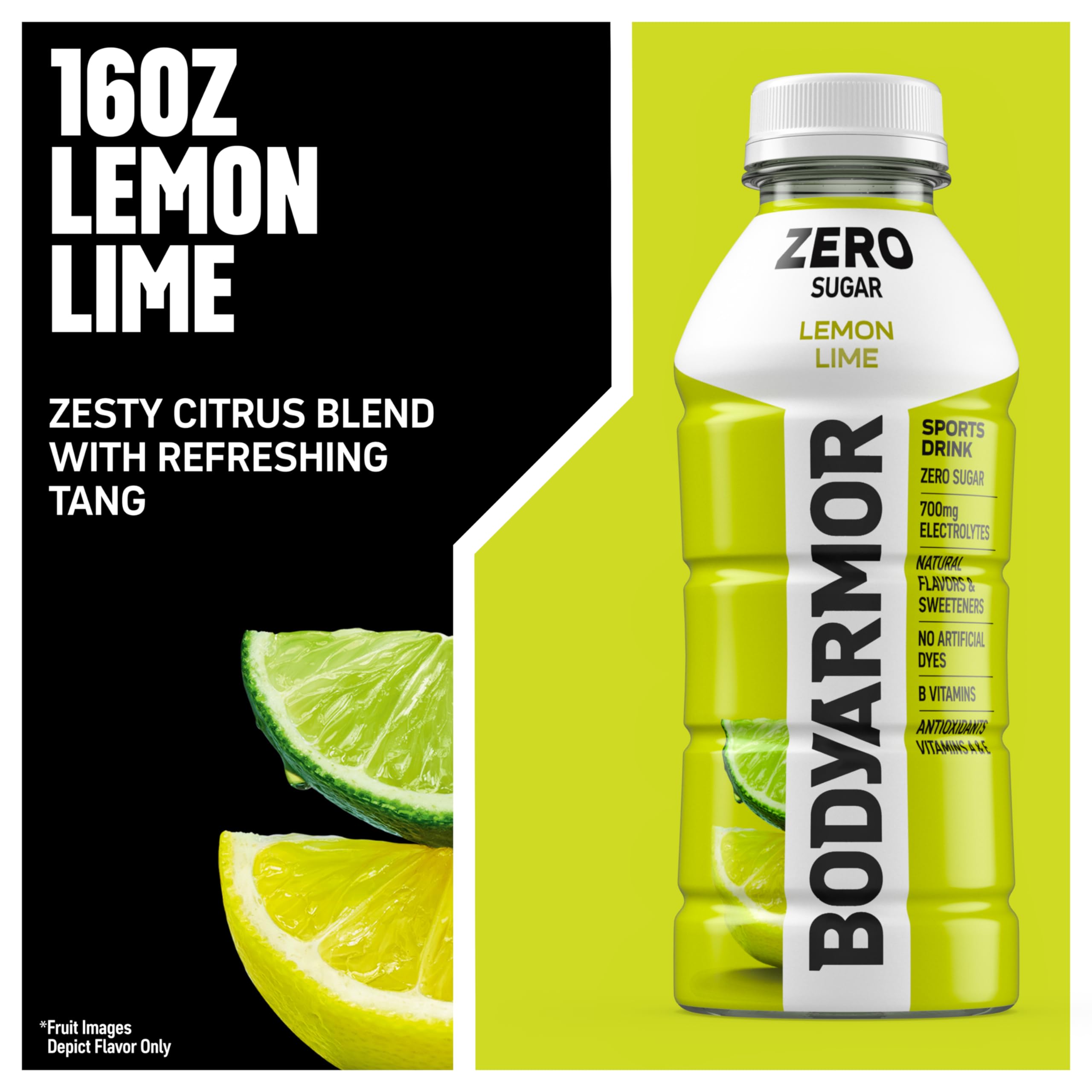 BODYARMOR Zero Lemon Lime cap and label detail showing ingredients and zero sugar benefit