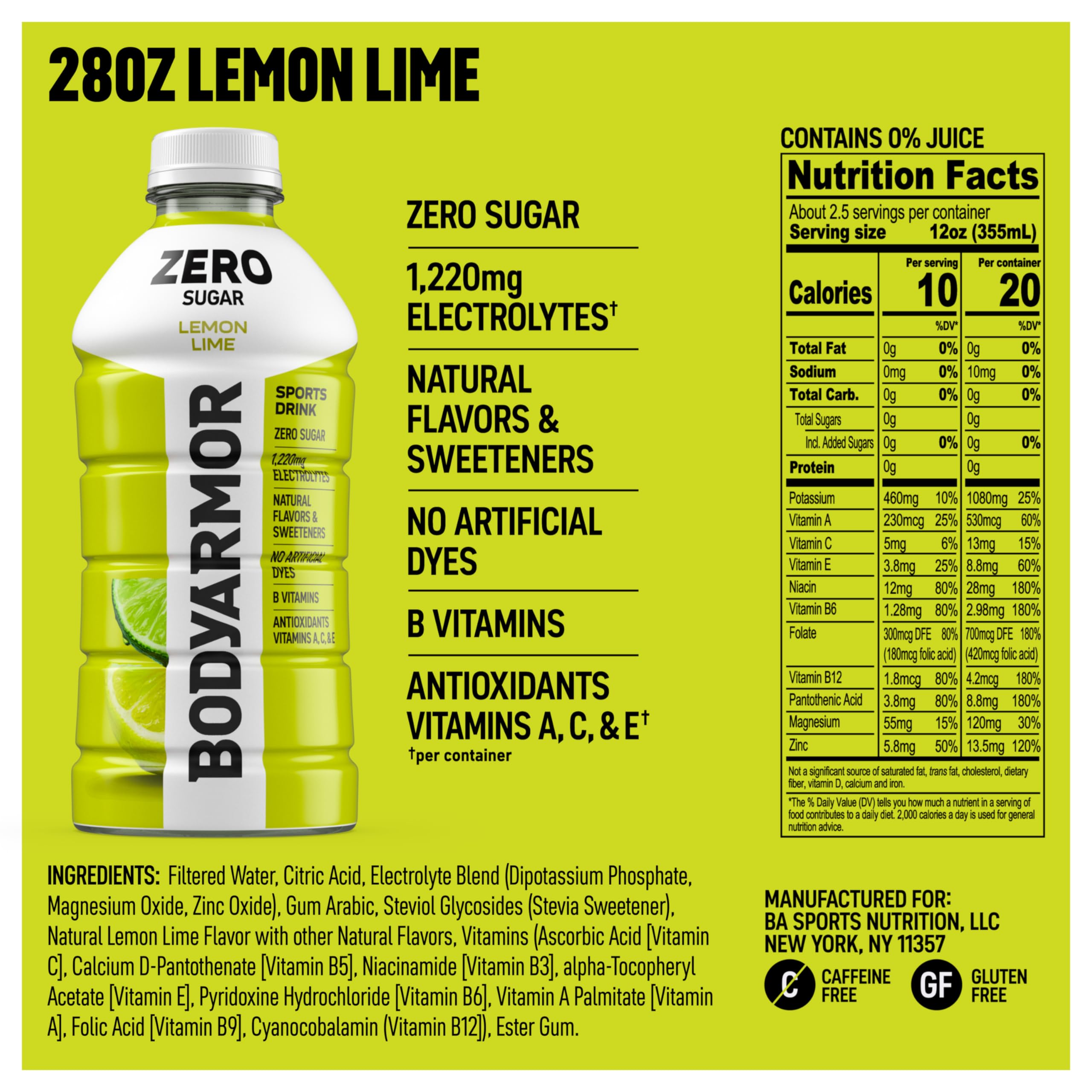 BODYARMOR Zero Lemon Lime close-up label highlighting electrolyte benefits