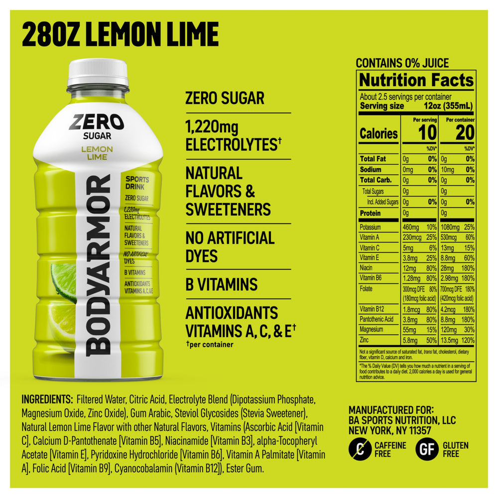 BODYARMOR Zero Lemon Lime close-up label highlighting electrolyte benefits
