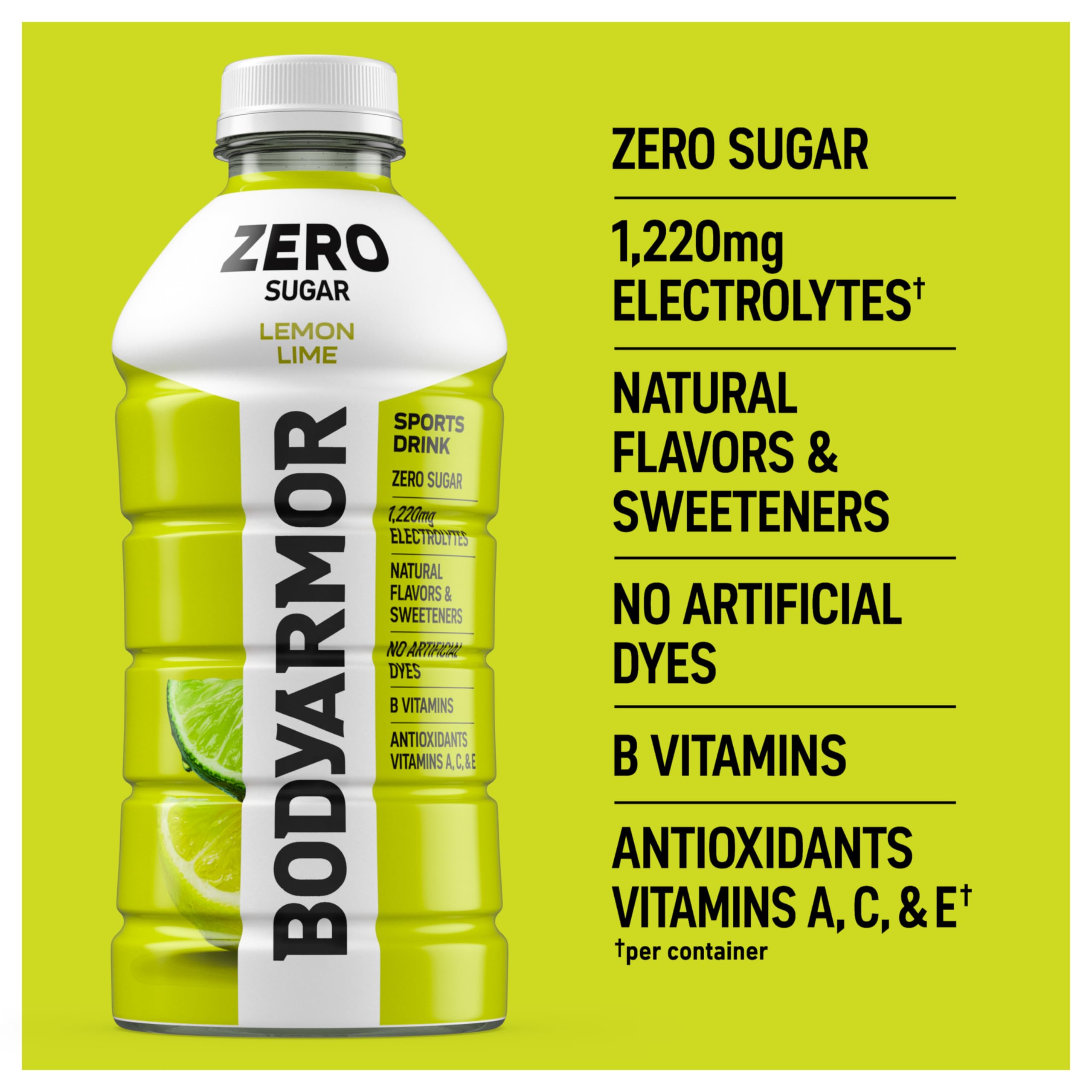 BODYARMOR Zero Lemon Lime bottle in hand for size reference and on-the-go use