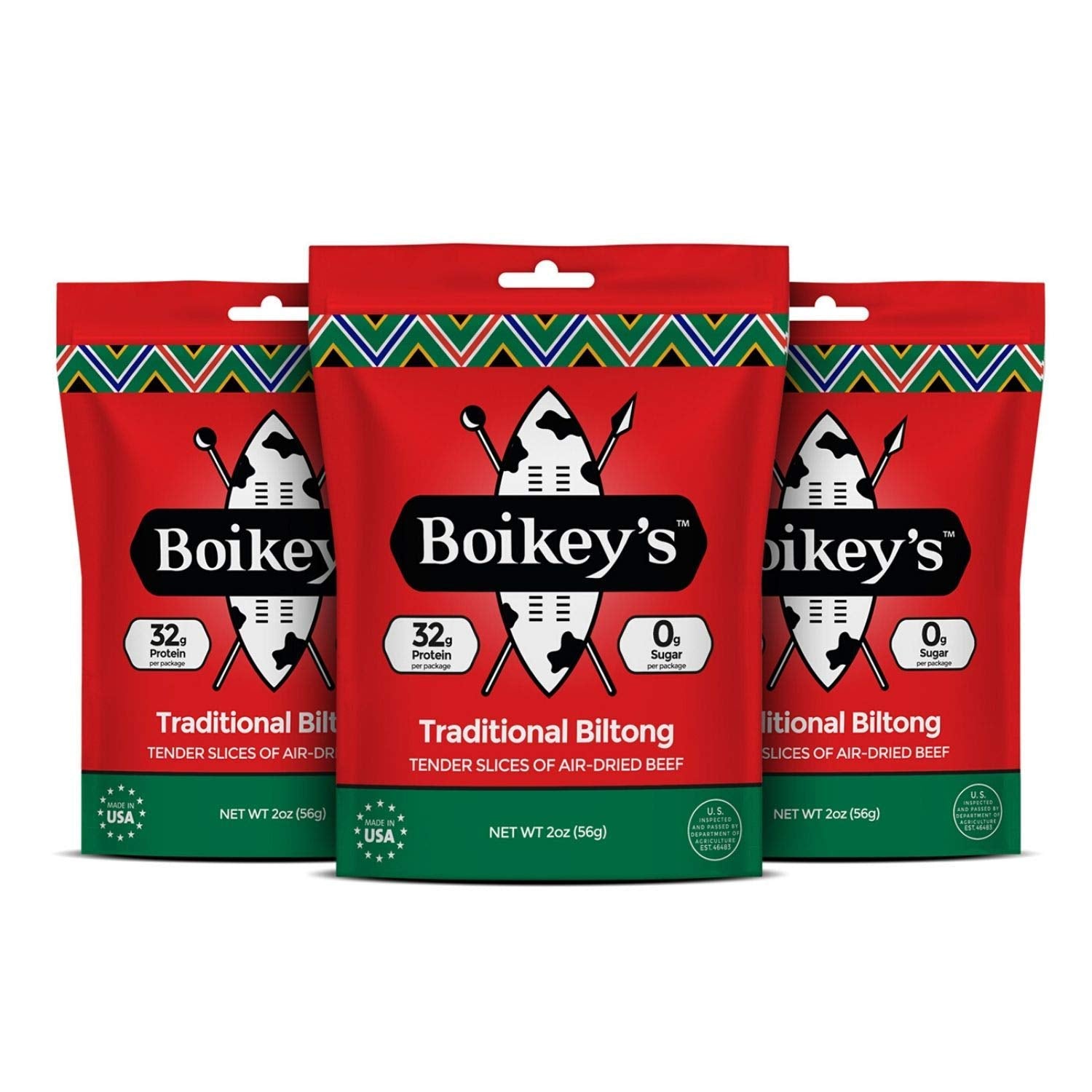 Boikey's front package showing traditional biltong, convenient protein snack