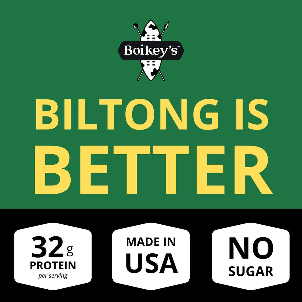 Boikey's open pouch with visible biltong, easy grab-and-go protein
