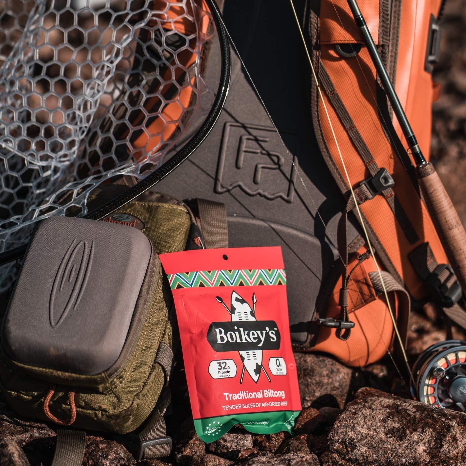 Boikey's biltong inside backpack on trail, energy for outdoor activities