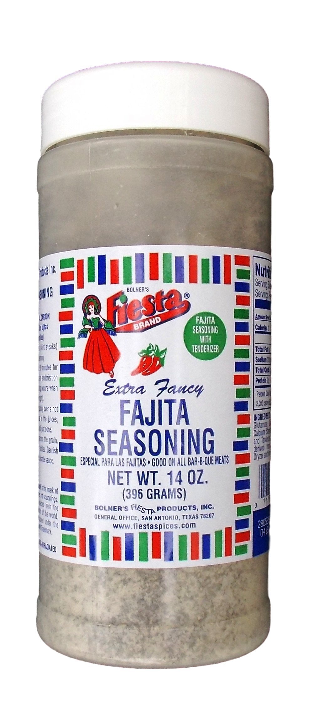 Bolner's Fiesta 14 oz plastic jar front label showing fajita seasoning for bold flavor