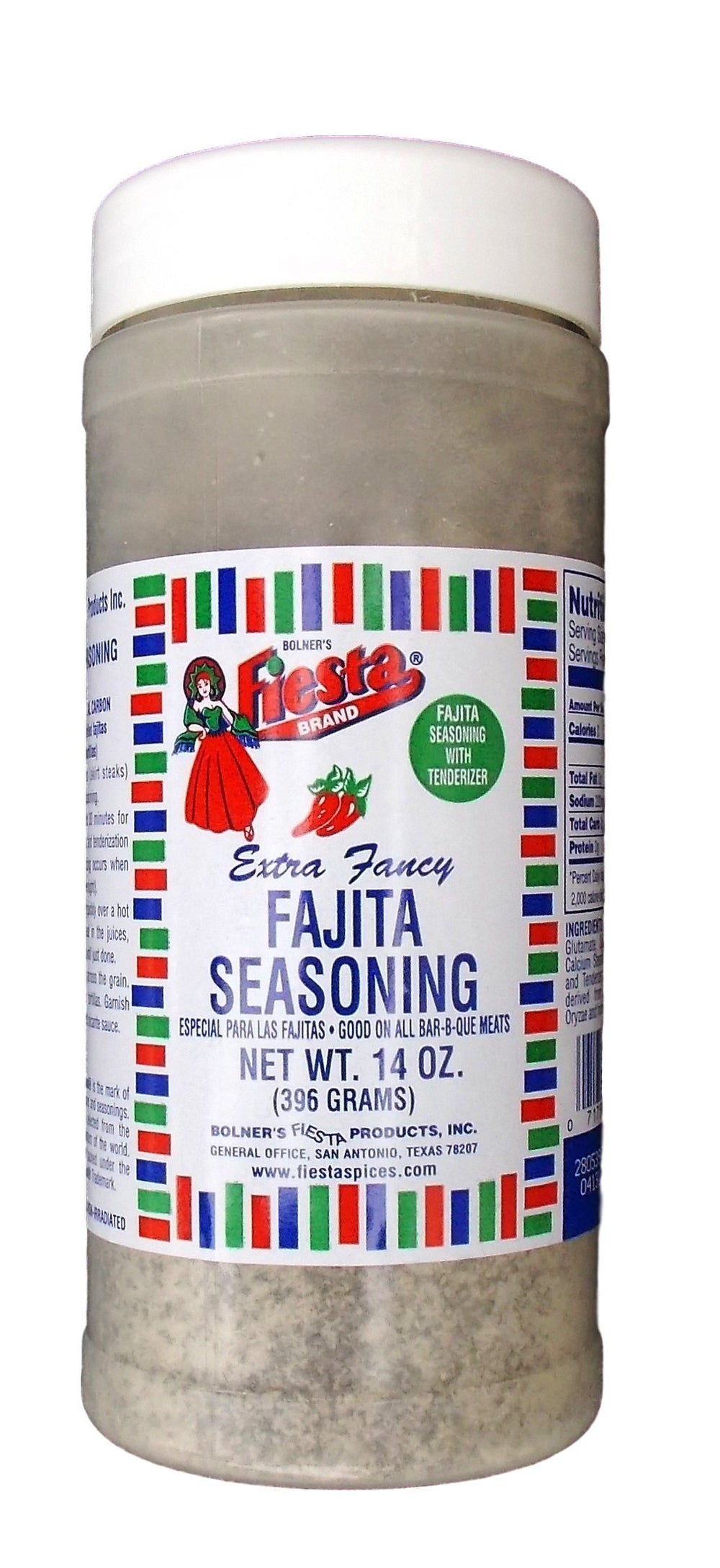 Bolner's Fiesta 14 oz plastic jar front label showing fajita seasoning for bold flavor