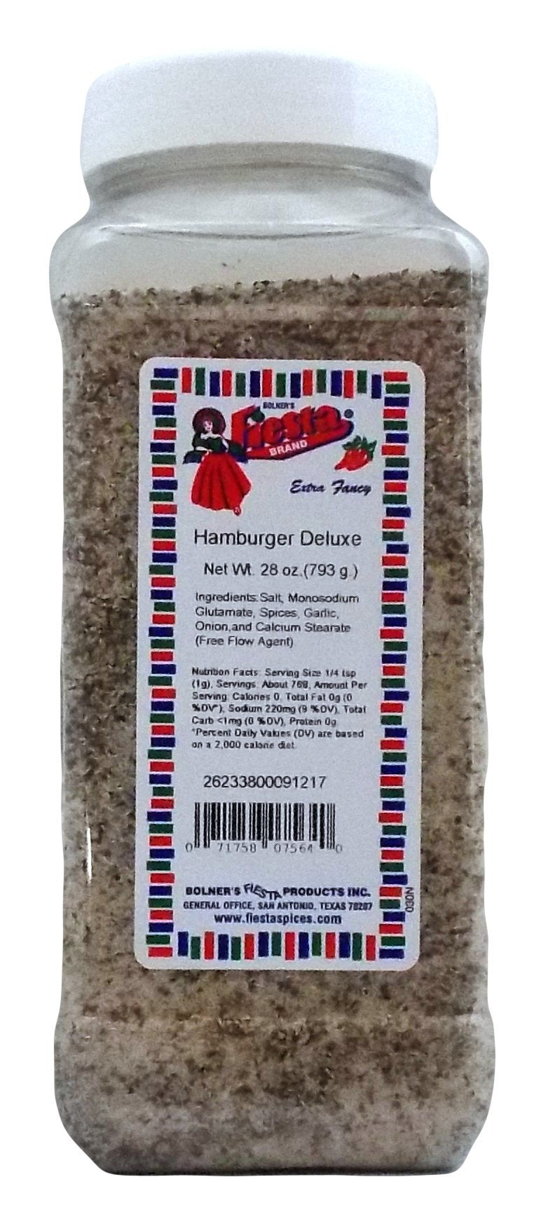 Bolner's Fiesta front packaging bottle showing label and shaker top, adds bold burger flavor