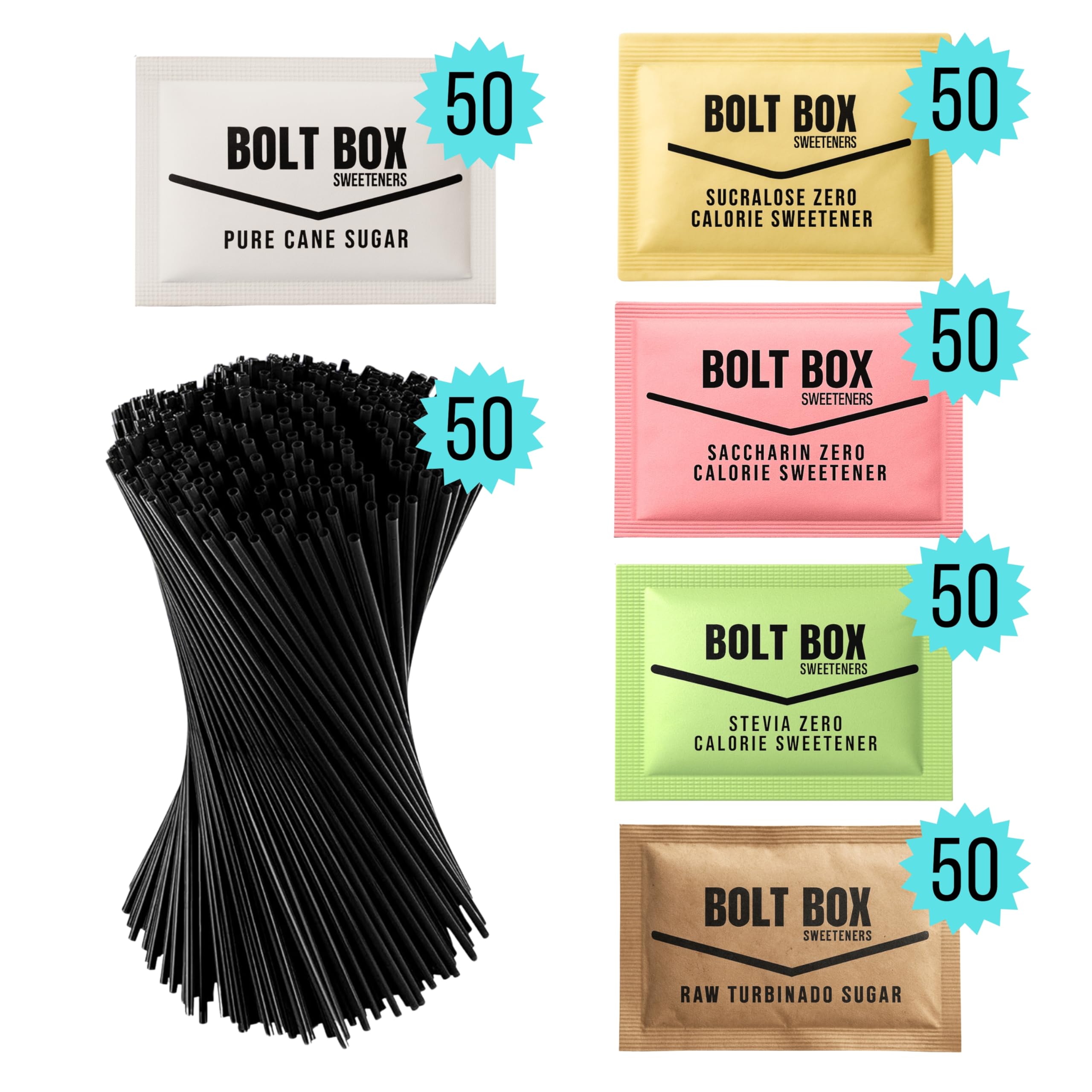 Bolt Box close-up of individual packets displaying color-coded sweeteners for easy guest selection