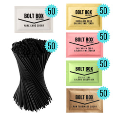 Bolt Box close-up of individual packets displaying color-coded sweeteners for easy guest selection