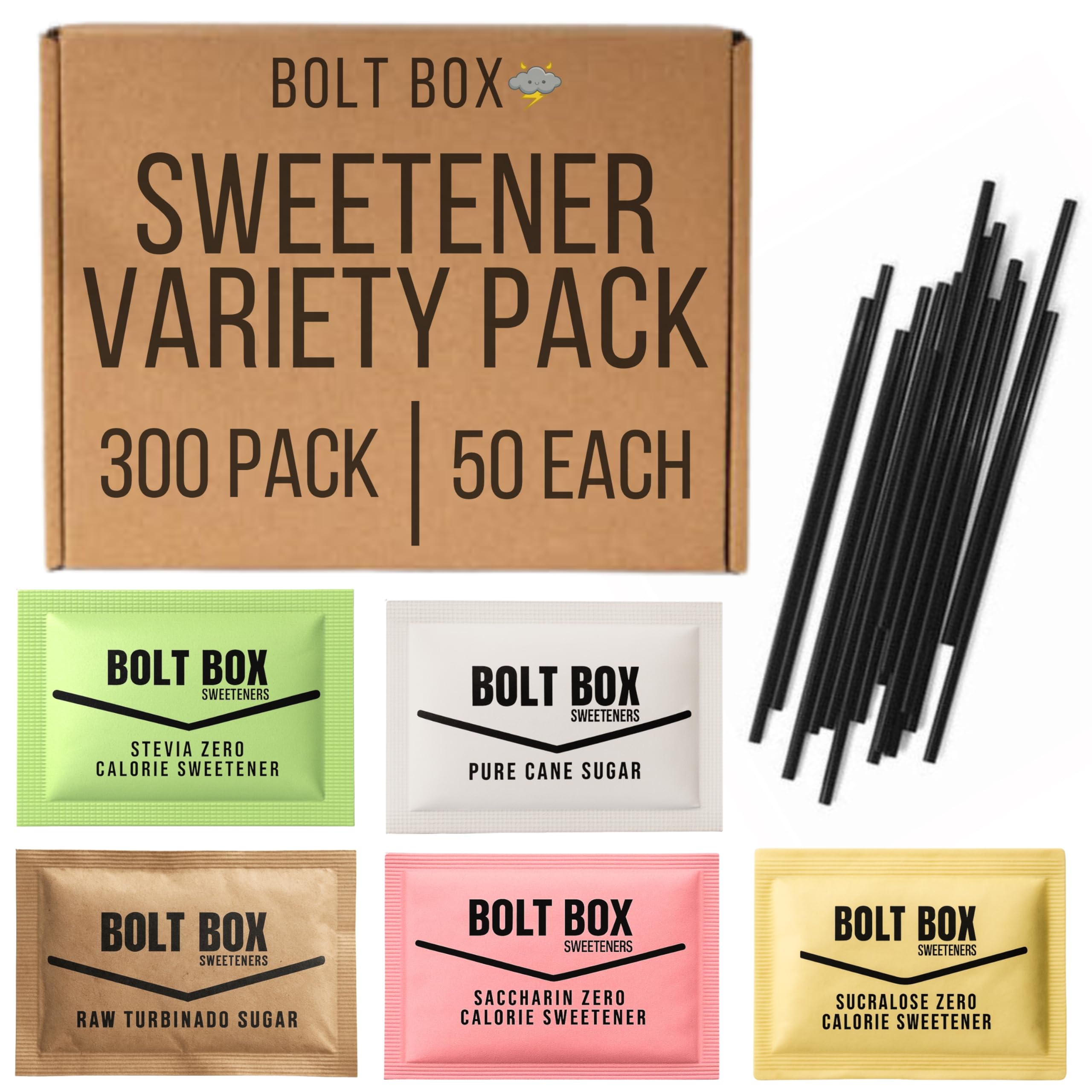 Bolt Box front packaging showing balanced sweetener assortment and clear labeling for quick restock benefit