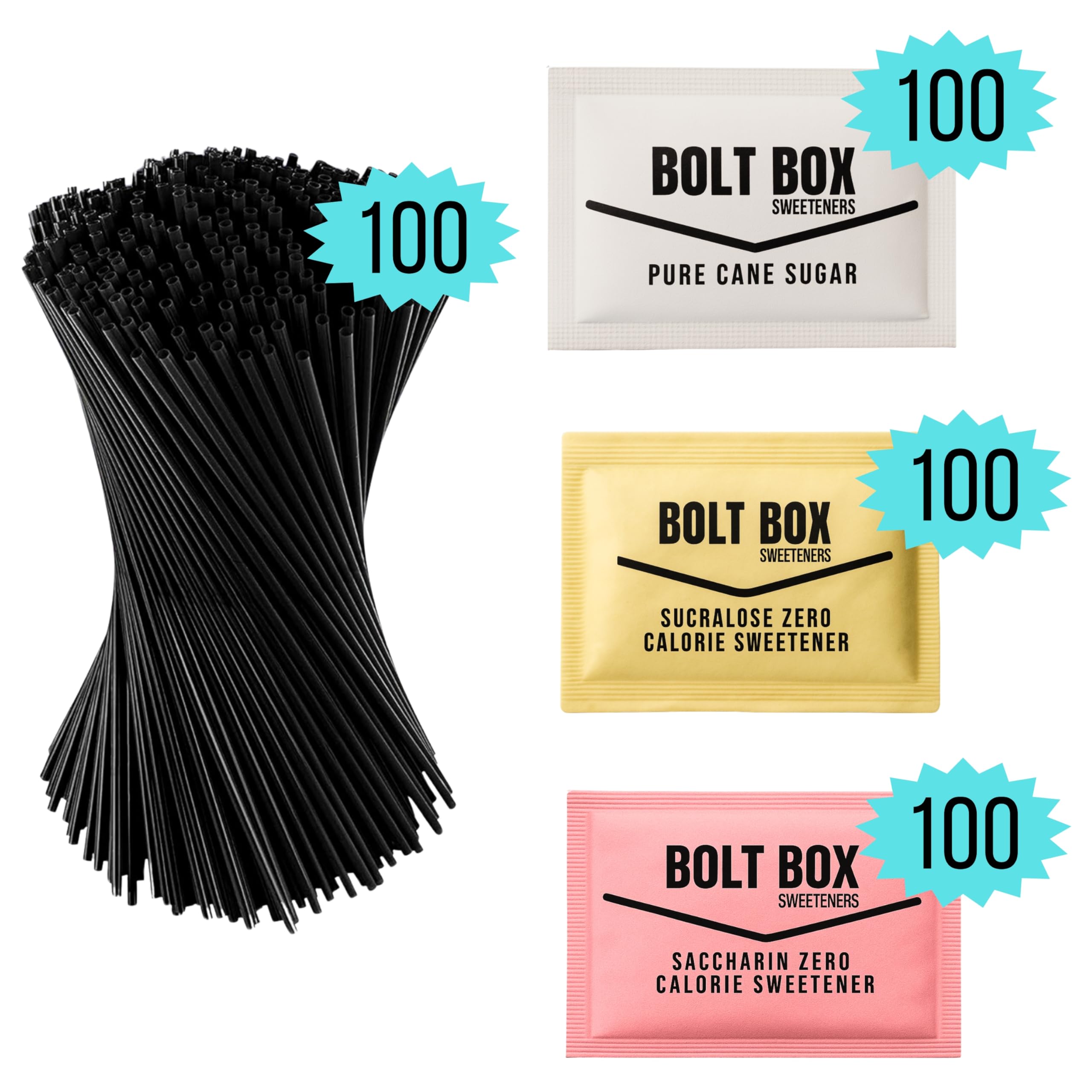Bolt Box open box with sorted sugar, pink and yellow packets, and stir straws