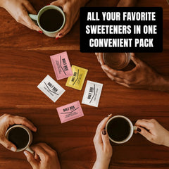 Bolt Box stir straws and sweetener packets arranged in a countertop caddy for convenience