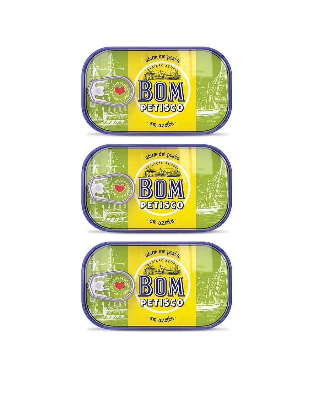 Bom Petisco front pack showing three 120 g tins and label for pantry convenience