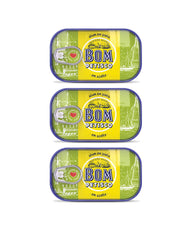 Bom Petisco front pack showing three 120 g tins and label for pantry convenience