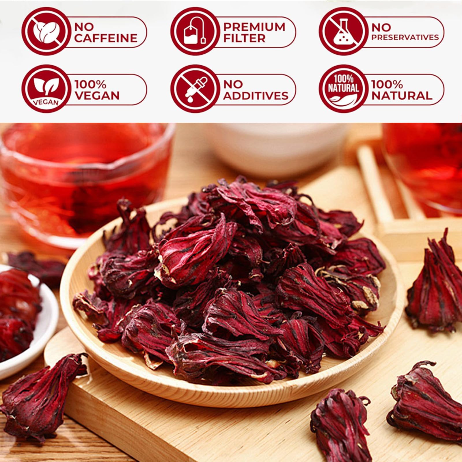 Bombala dried hibiscus flowers spread on surface showing natural ingredient