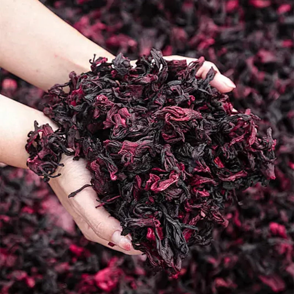 Bombala tea bag close-up revealing hibiscus powder texture for freshness