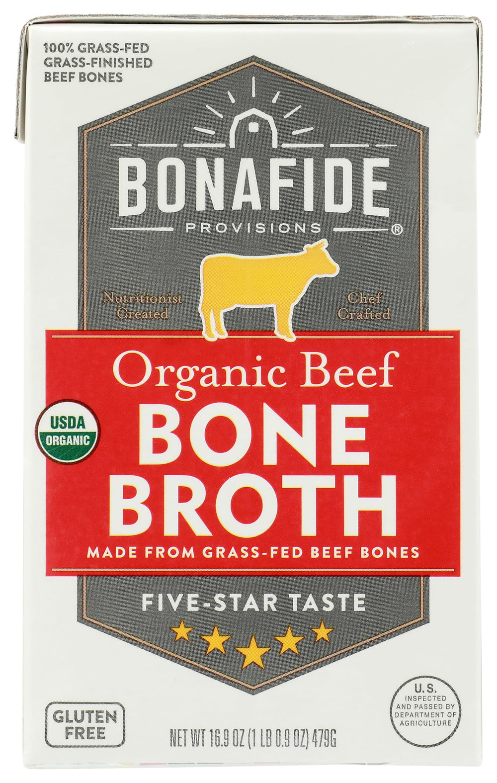 Bonafide Provisions front packaging showing organic beef broth and clean ingredients benefit