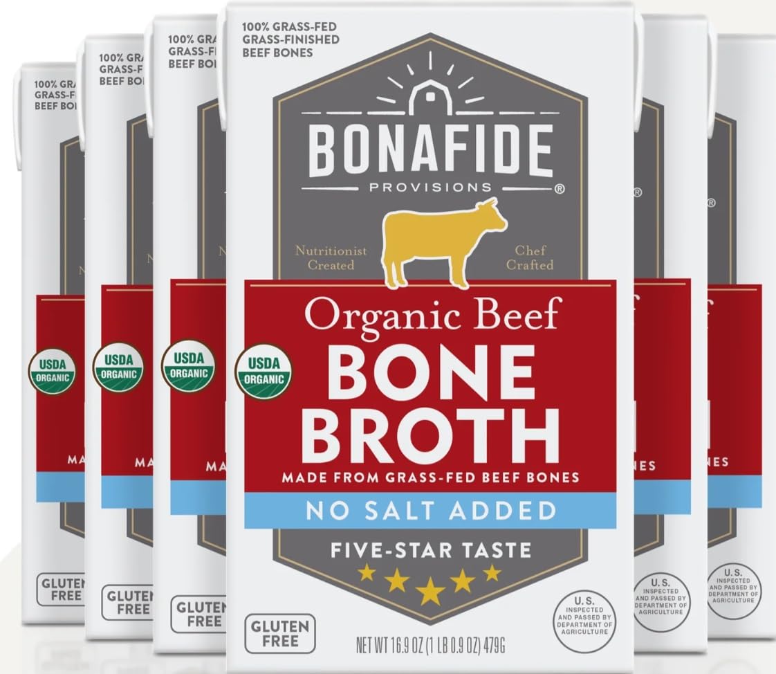 Bonafide Provisions front packaging showing six no-salt-added cartons, clear ingredient focus