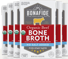 Bonafide Provisions front packaging showing six no-salt-added cartons, clear ingredient focus