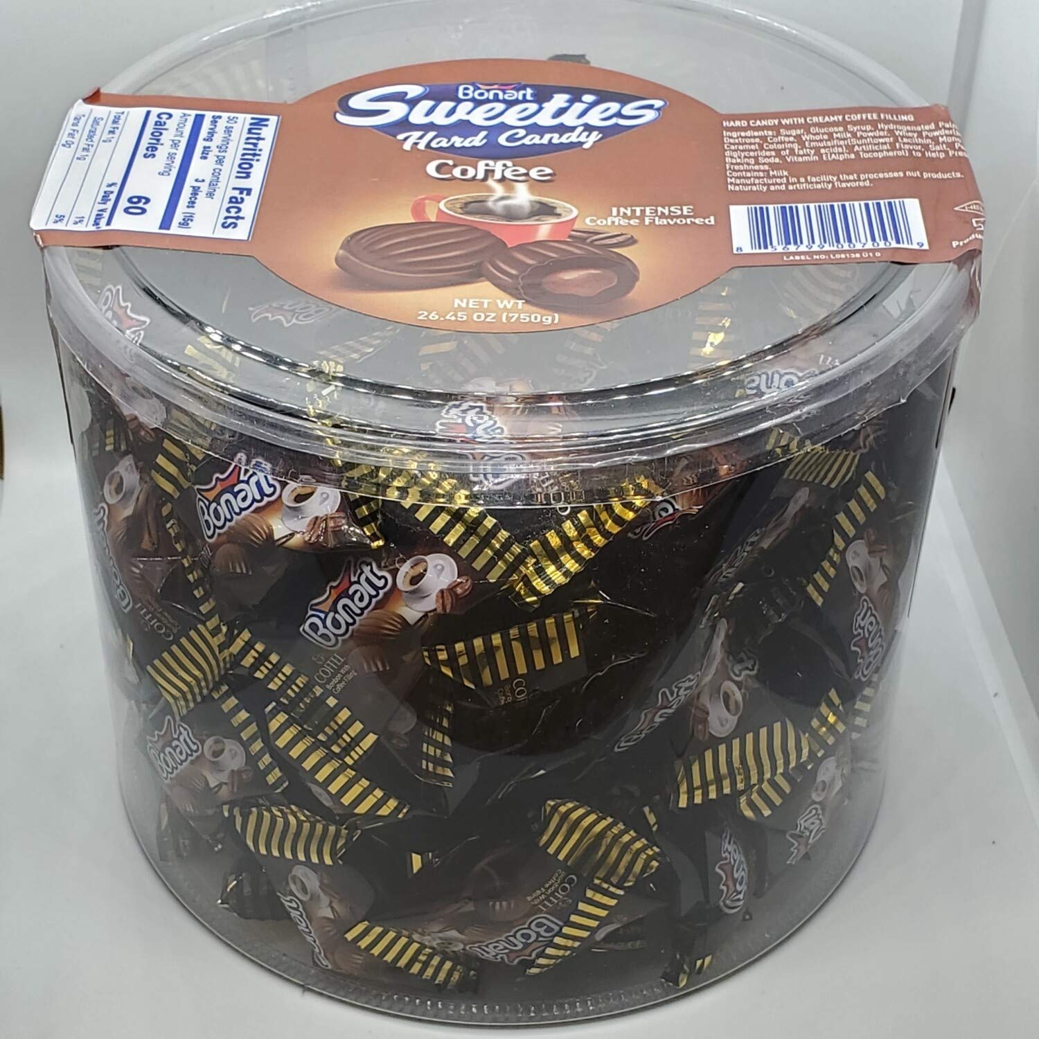 Bonart tube front view showing coffee candy and gift-ready packaging
