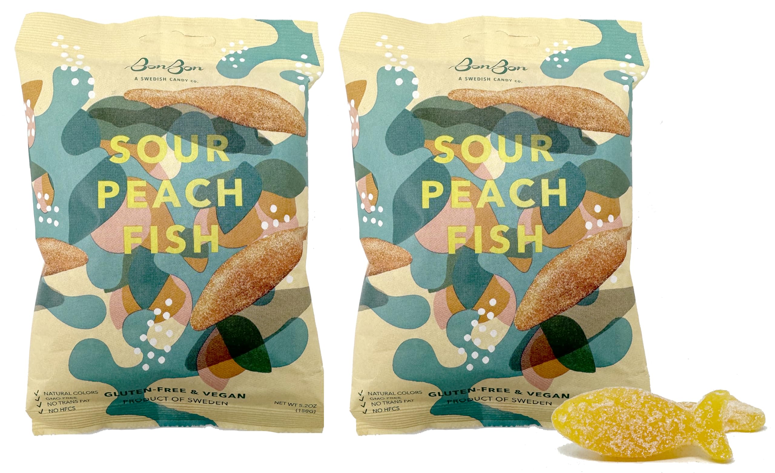 BonBon front packaging of sour peach fish showing product and benefits