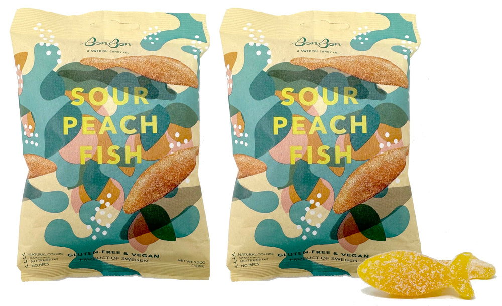 BonBon front packaging of sour peach fish showing product and benefits