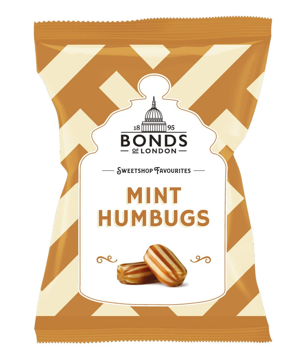 Bonds Of London front packaging showing wrapped mint humbugs and inviting flavor