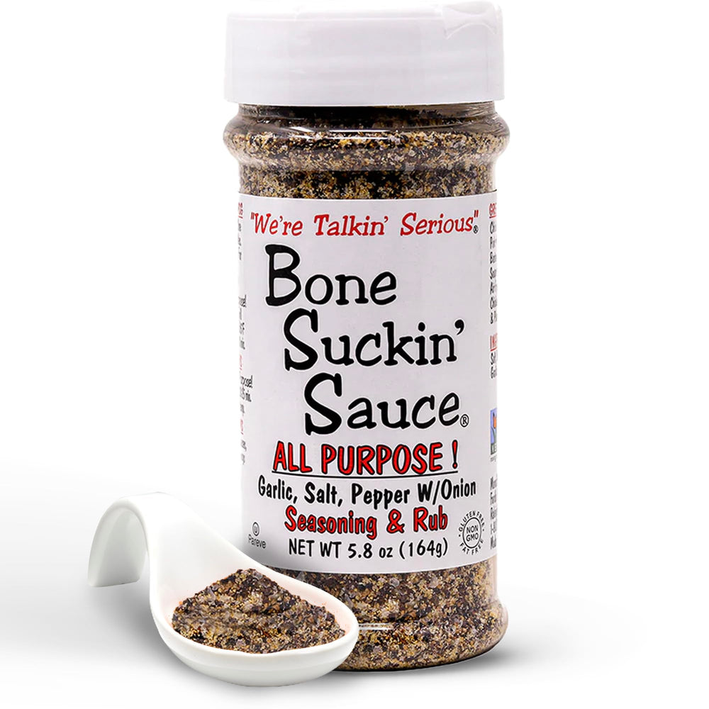 Bone Suckin' front bottle view showing brand and easy-grip label for quick seasoning