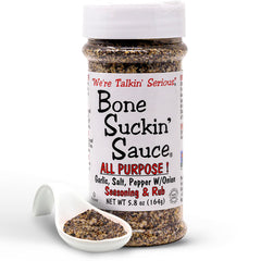 Bone Suckin' front bottle view showing brand and easy-grip label for quick seasoning