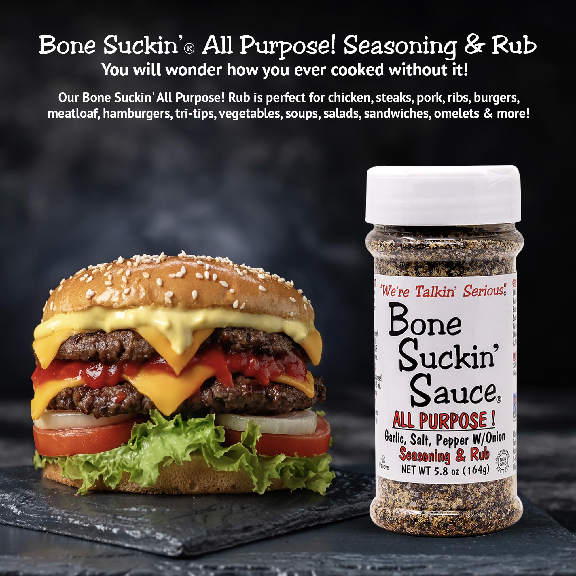 Bone Suckin' label close-up displaying kosher, sugar-free, gluten-free product benefits