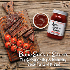 Bone Suckin' glaze on ribs on grill offering caramelized color and flavor