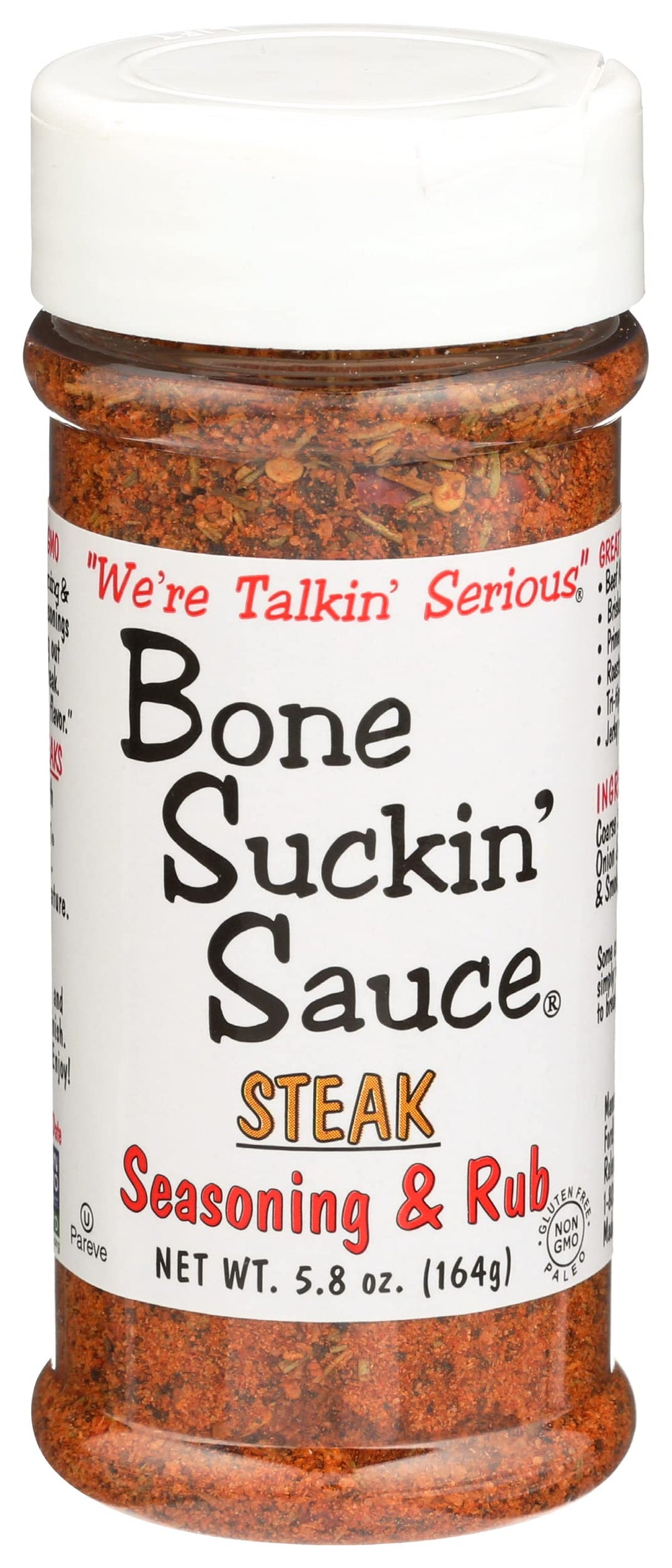 Bone Suckin' front packaging showing jar and bold steak seasoning benefits