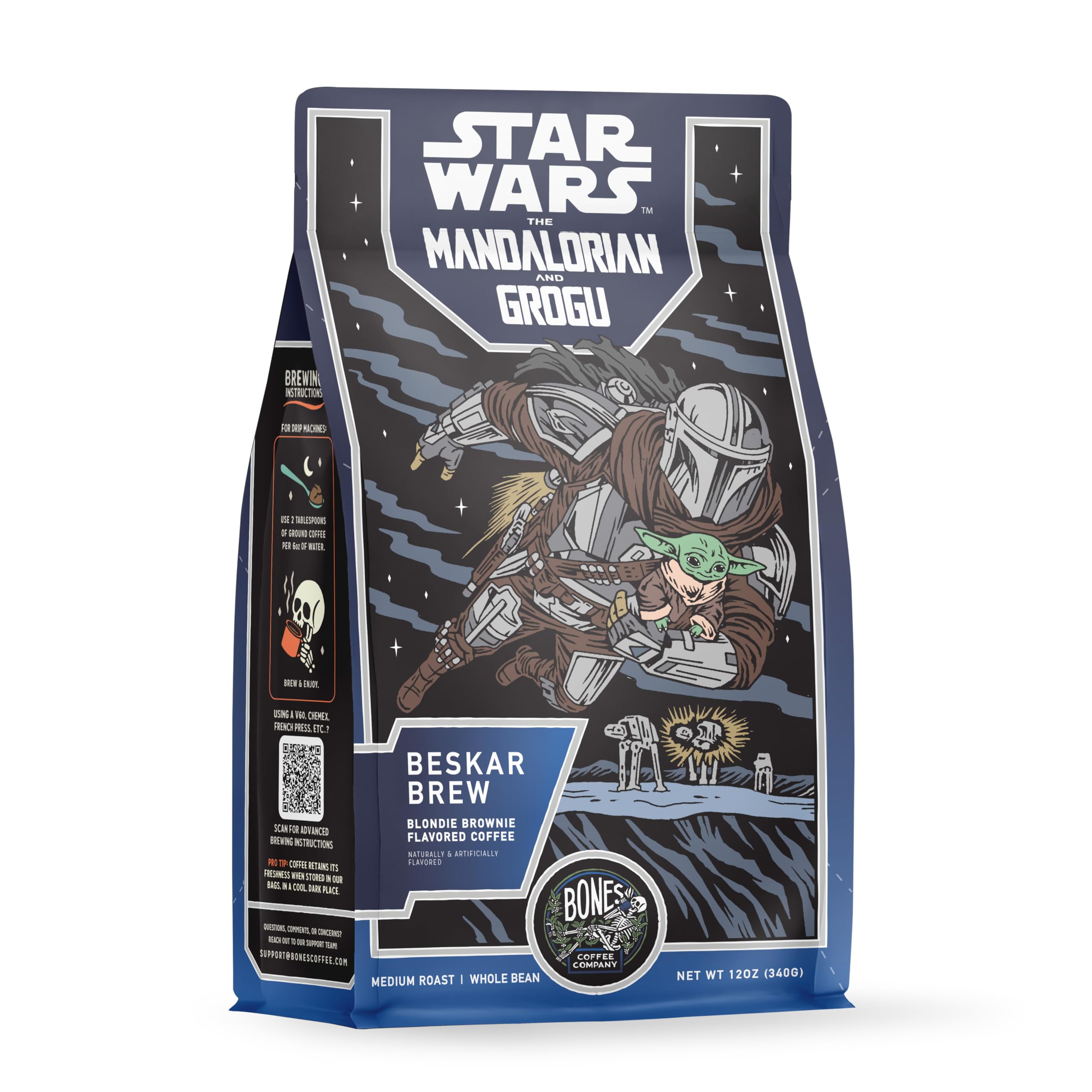 Bones Coffee Company Beskar Brew front packaging shows design and flavor benefits