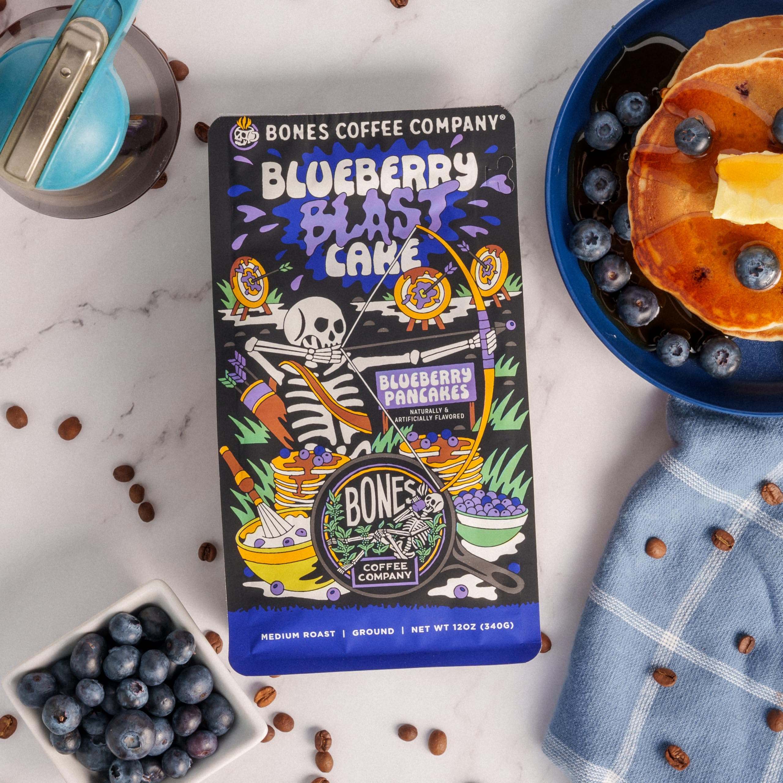 Bones Coffee Company grounds brewing in pour-over highlighting bright blueberry aroma