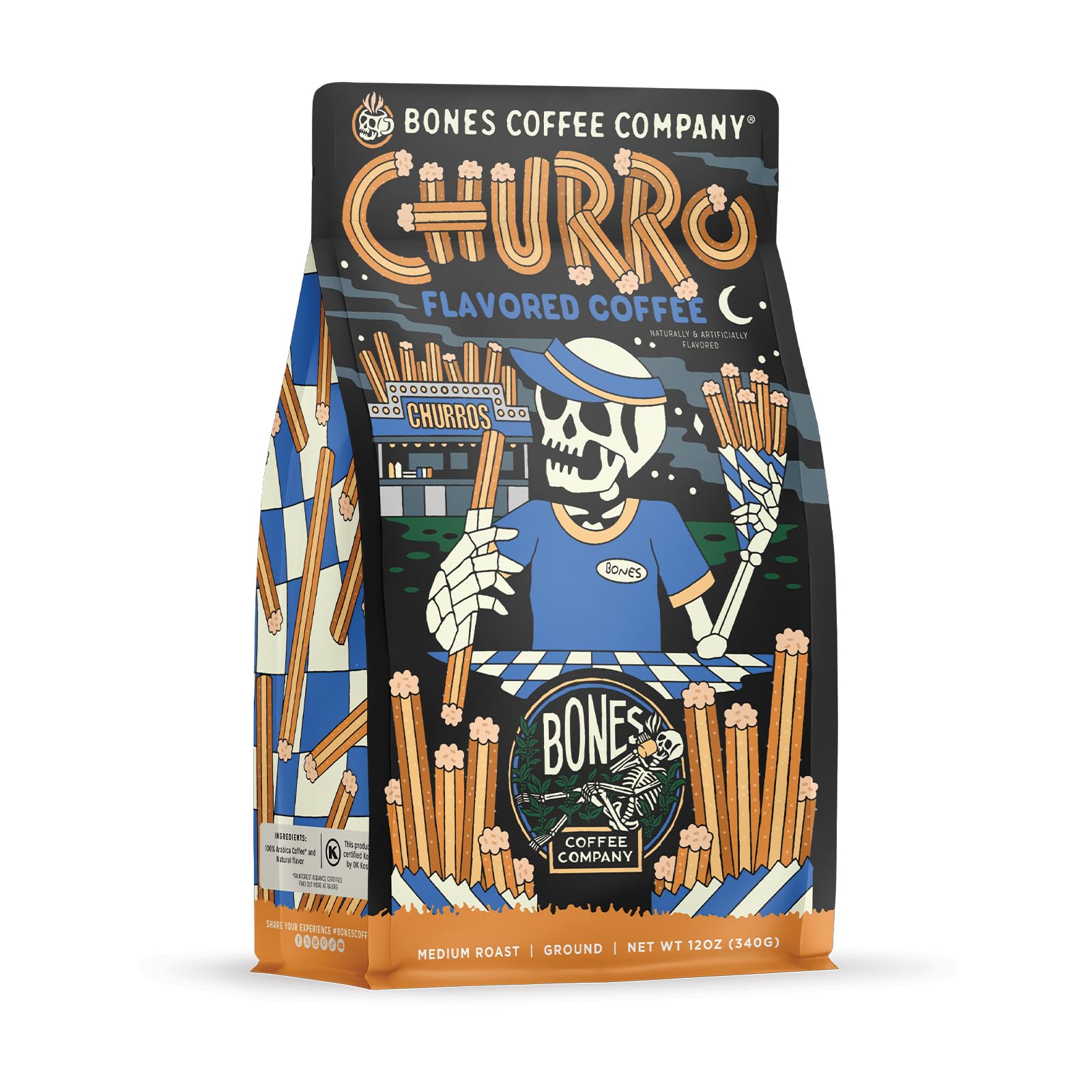 Bones Coffee Company front packaging showing churro flavor and benefits
