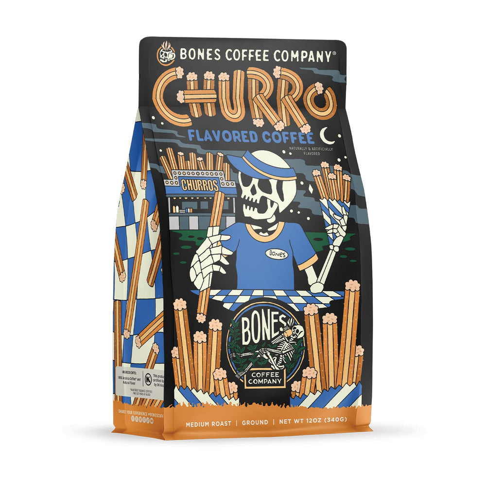 Bones Coffee Company front packaging showing churro flavor and benefits