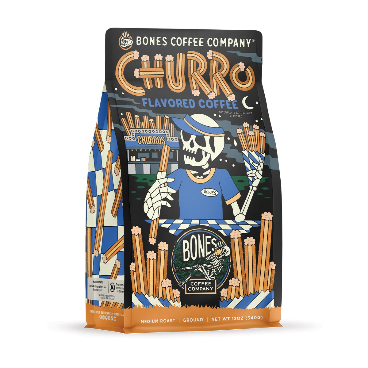 Bones Coffee Company front packaging showing churro flavor and benefits