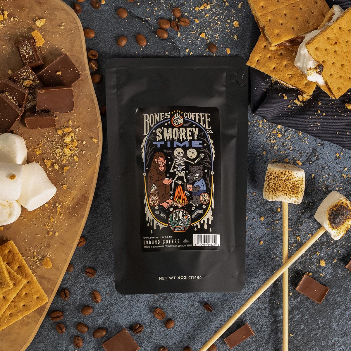 Bones Coffee Company Army Of The Dark Chocolate bag detail highlights rich flavor