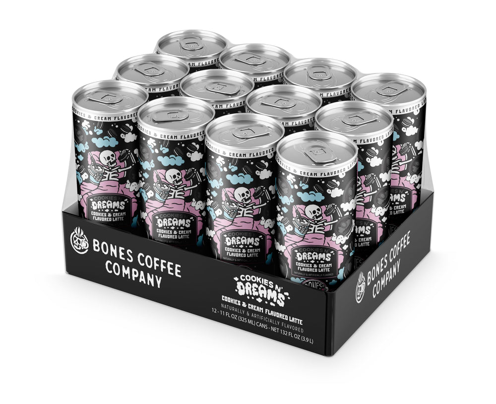 Bones Coffee twelve-can pack arranged to show quantity and ready-to-drink value