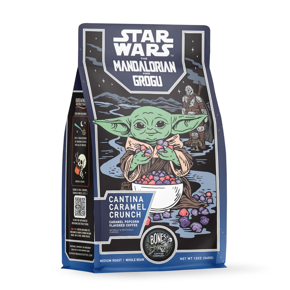 Bones Coffee Company front packaging showing themed 12 oz bag and branding