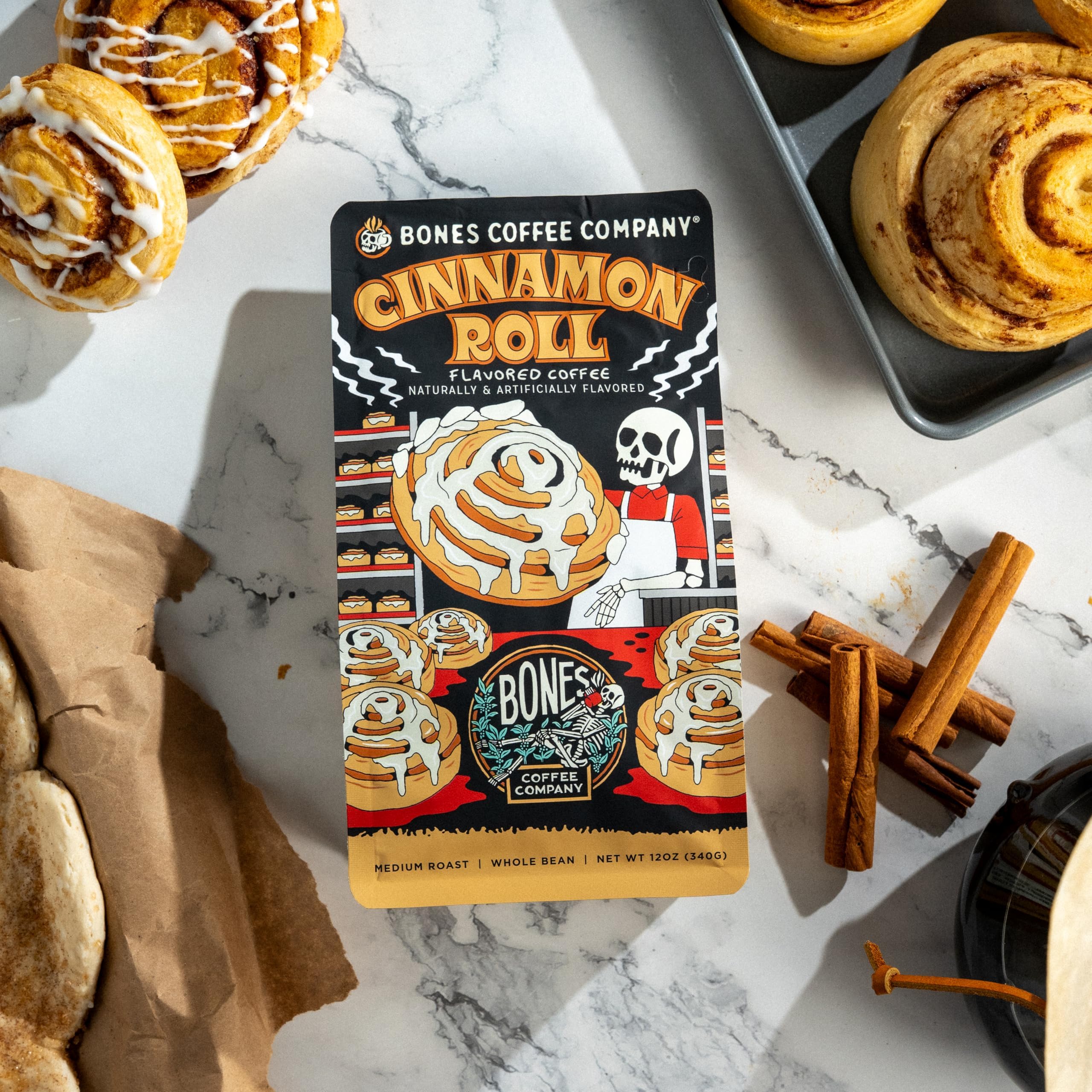 French press brewing Bones Coffee Company cinnamon roll coffee for full-bodied cup