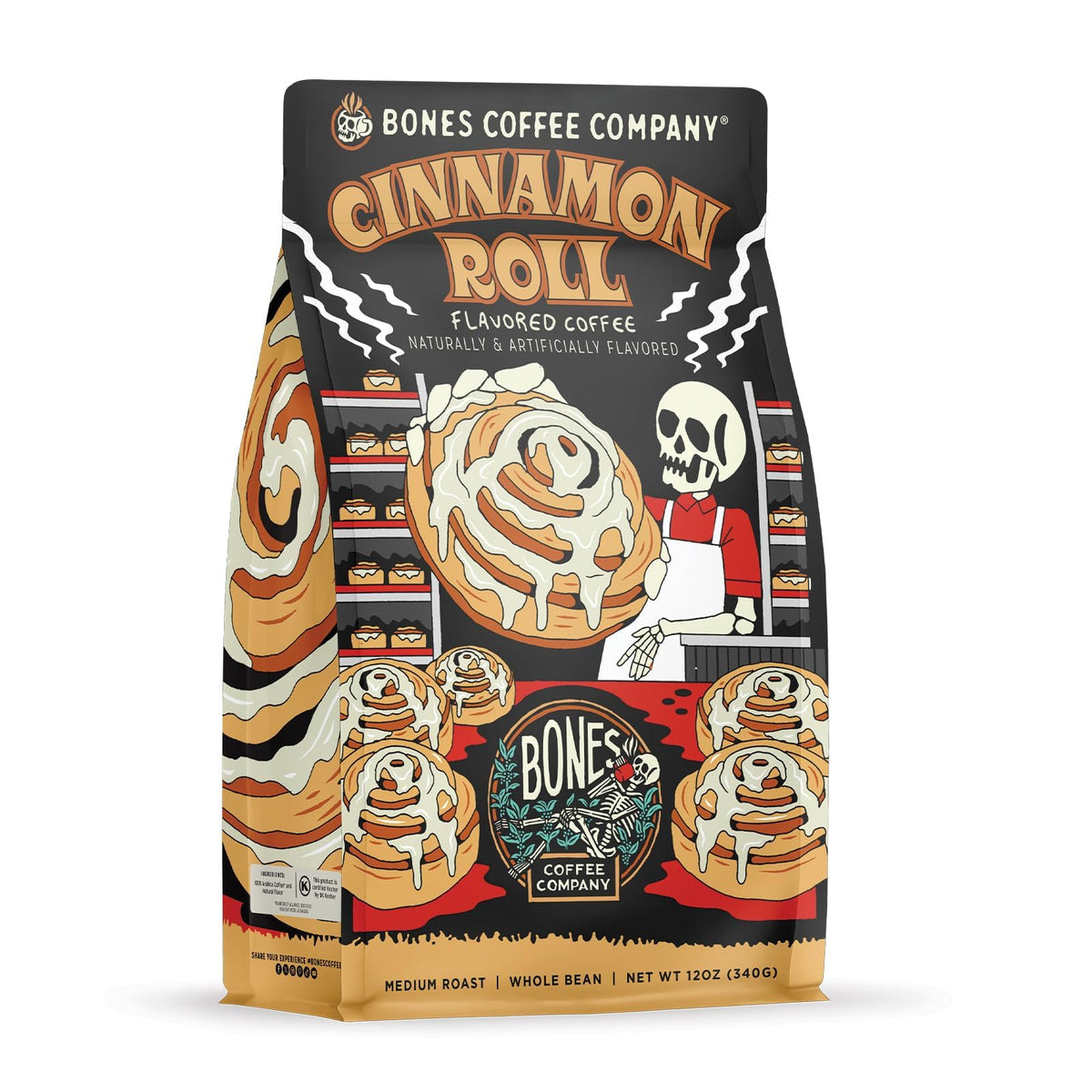 Bones Coffee Company front packaging showing cinnamon roll flavor and resealable bag benefit