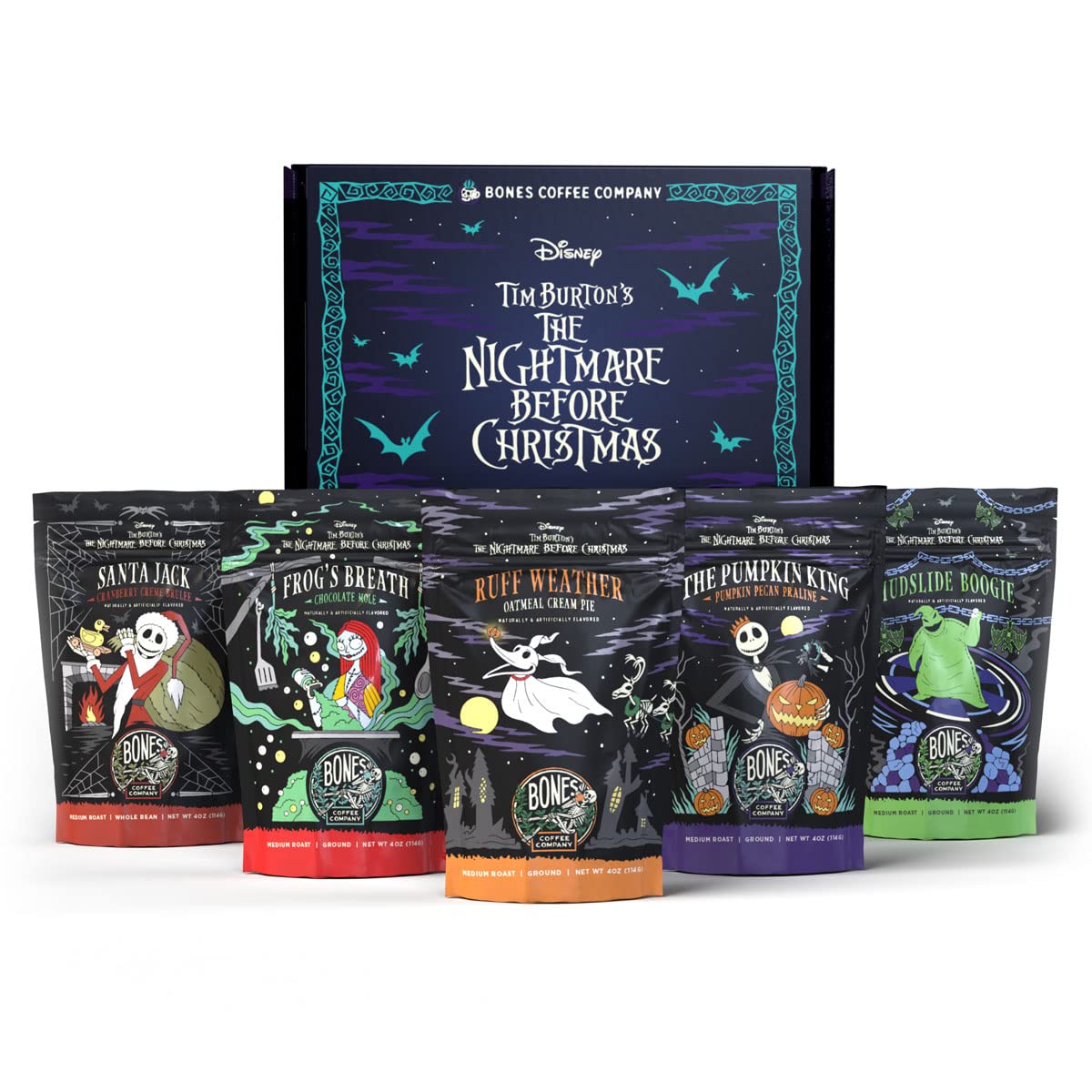Bones Coffee Company collector box front showing printed Nightmare Before Christmas art and five flavors for gifting