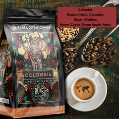 Bones Coffee Company open bag with spoon demonstrating easy scooping