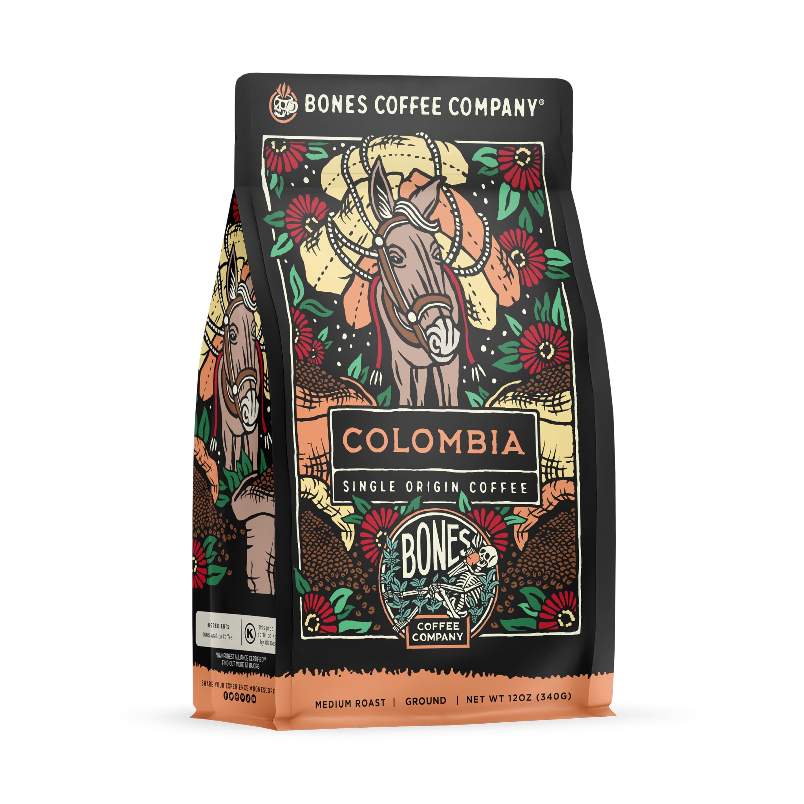 Bones Coffee Company front packaging showing 12 oz bag and flavor highlights