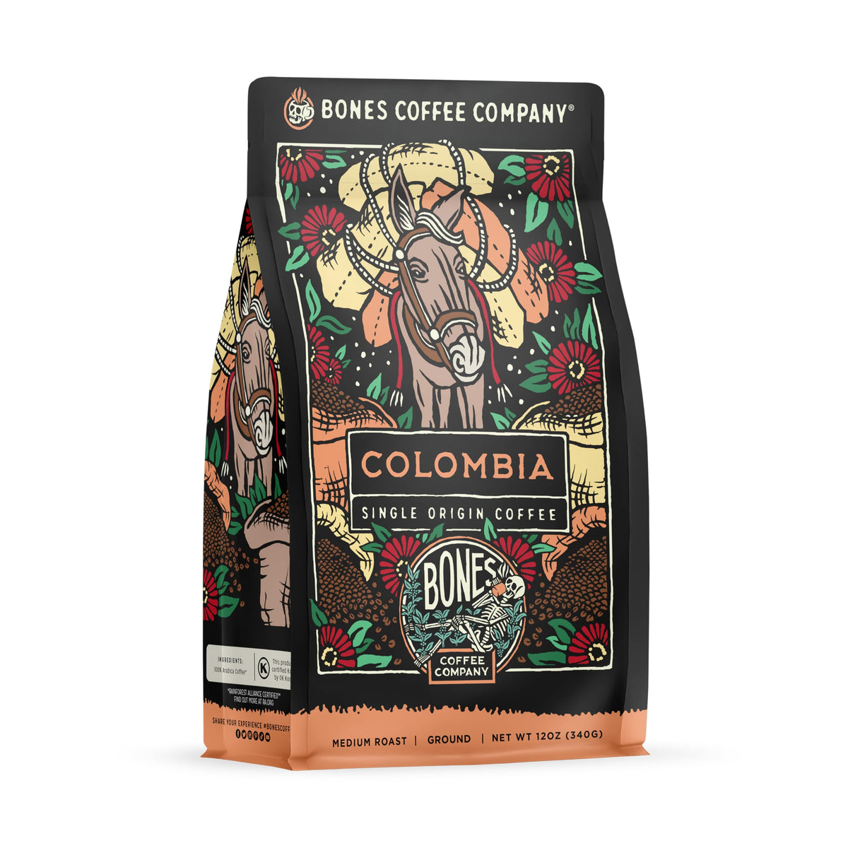 Bones Coffee Company front packaging showing 12 oz bag and flavor highlights