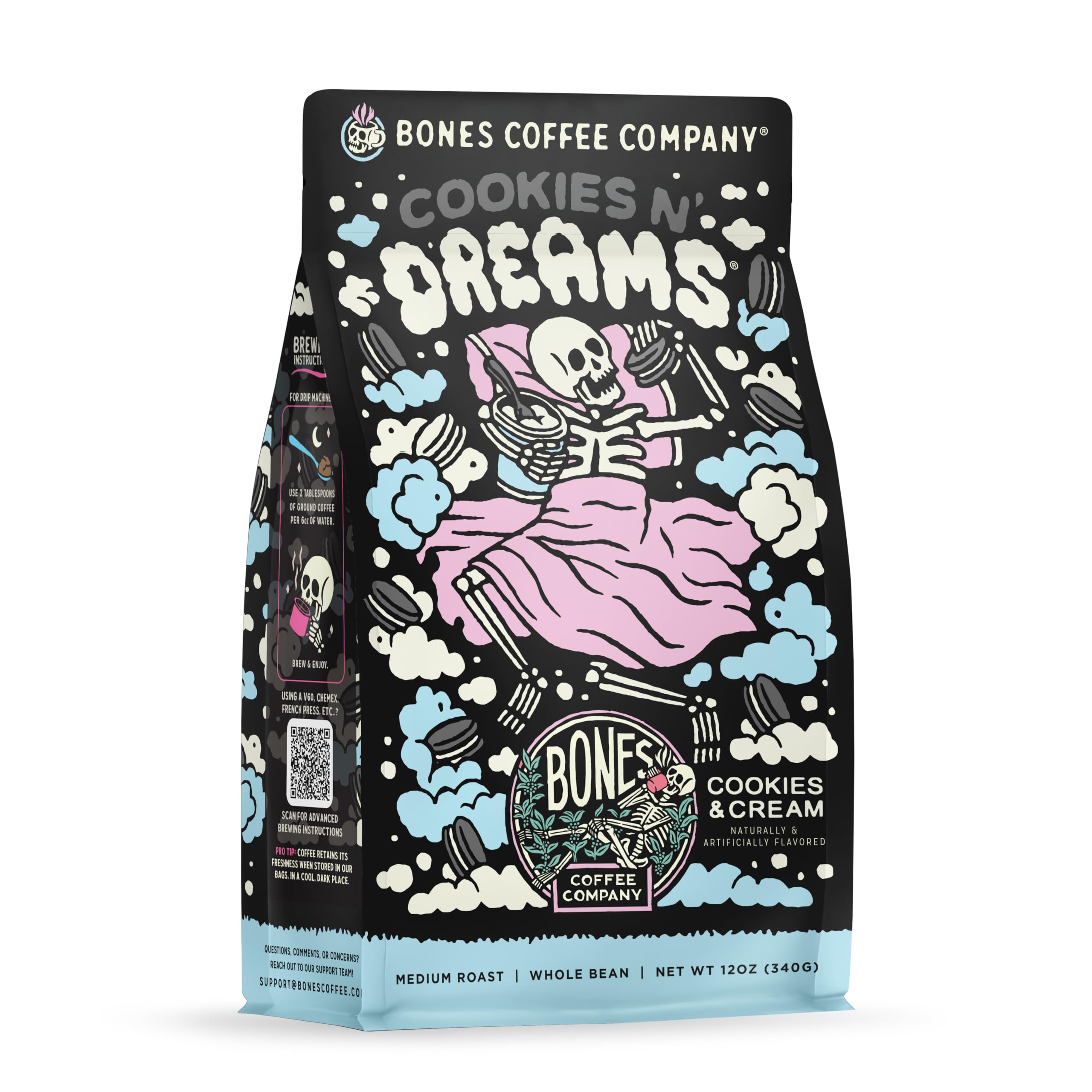 Bones Coffee front packaging showing cookies and cream flavor, evokes sweet dessert note