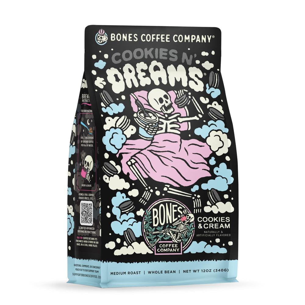 Bones Coffee front packaging showing cookies and cream flavor, evokes sweet dessert note