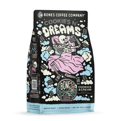 Bones Coffee front packaging showing cookies and cream flavor, evokes sweet dessert note